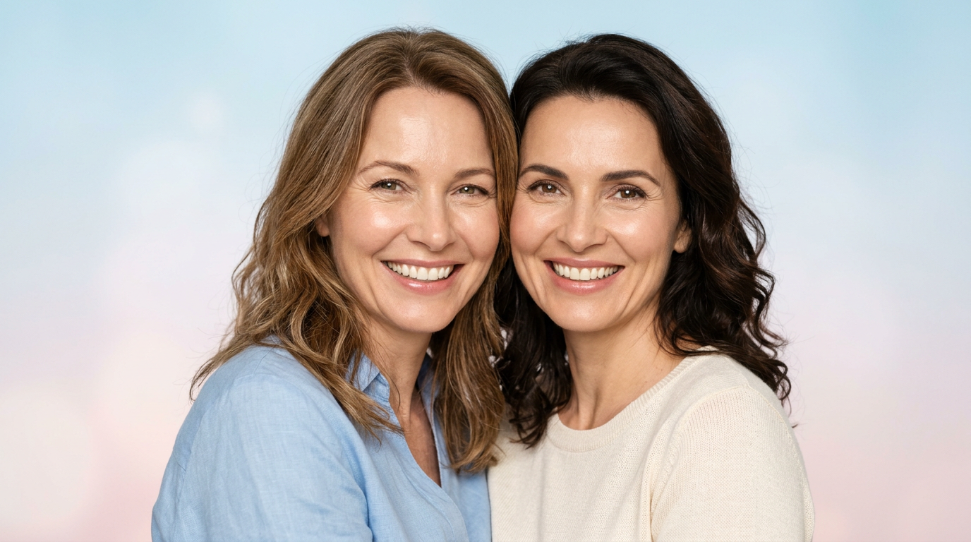 Zwei strahlende Frauen mit gepflegter Haut nach der Anwendung von The Ordinary Serum